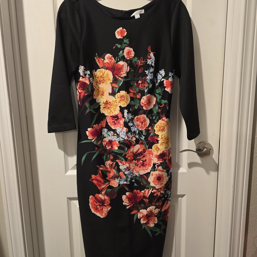 New York & Company Black Midi Dress with Yellow & Coral Floral Print